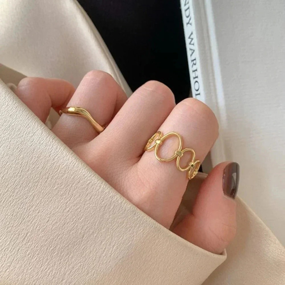 925 Gold Stackable Ring Geometric Oval Link Minimalist Wave Adjustable Ring - Picture 1 of 8